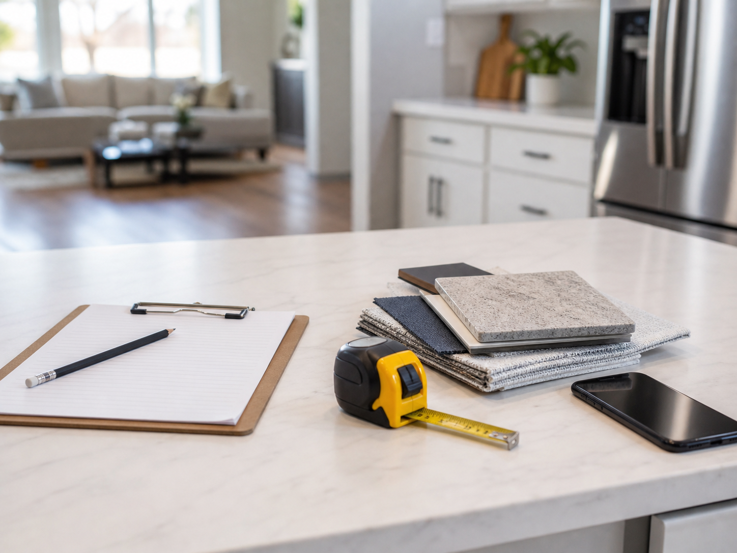 Estimate planning materials on a clean kitchen counter