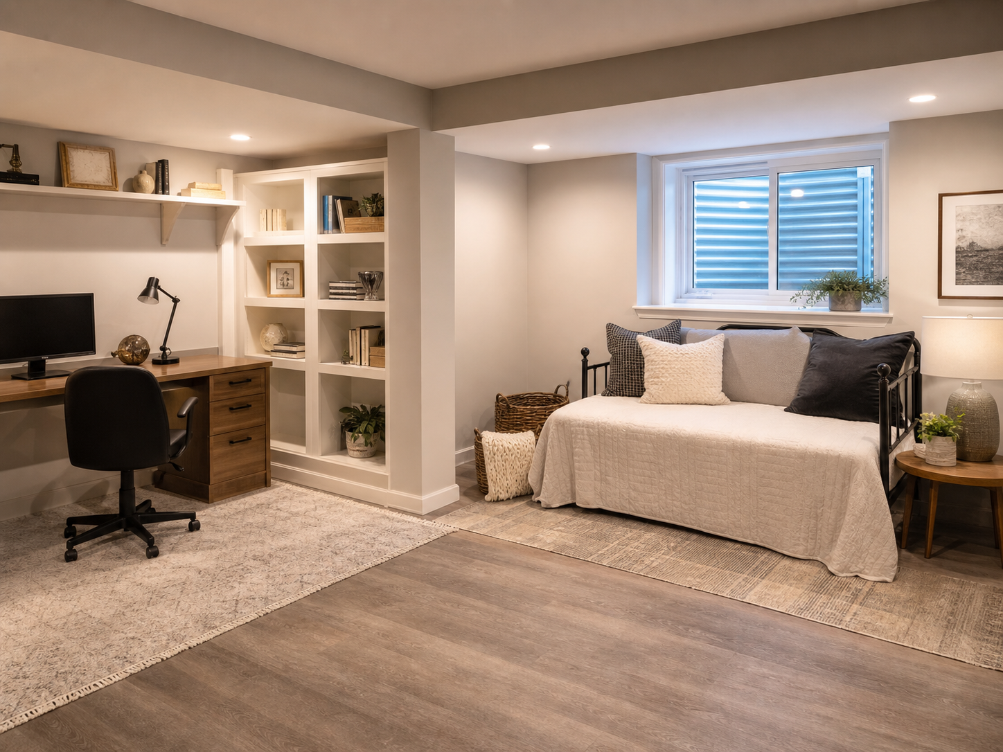 Finished basement office and guest nook with shelving, desk, egress-style window, and daybed