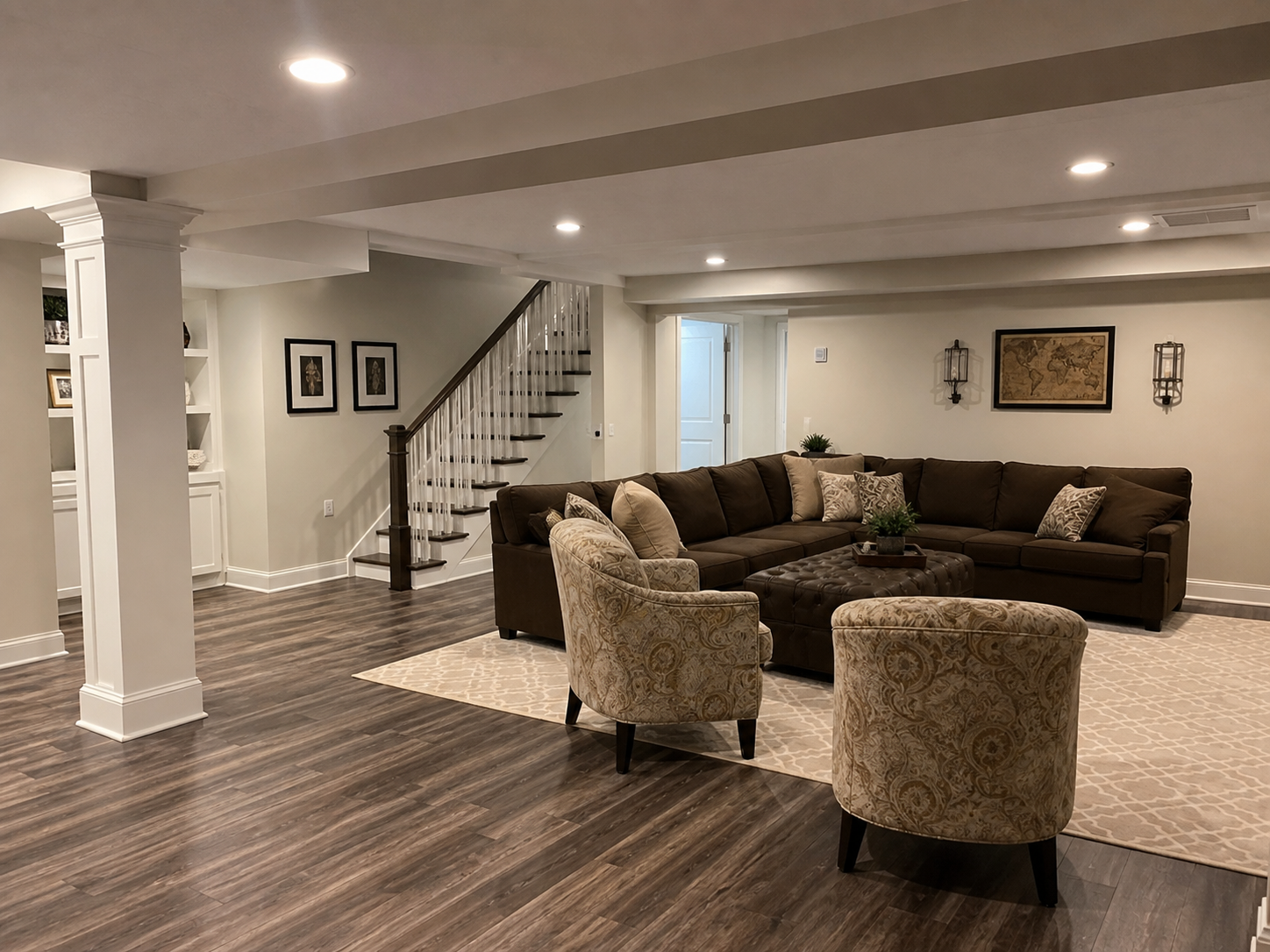 Finished basement family room with recessed lighting, trim, seating, and plank flooring
