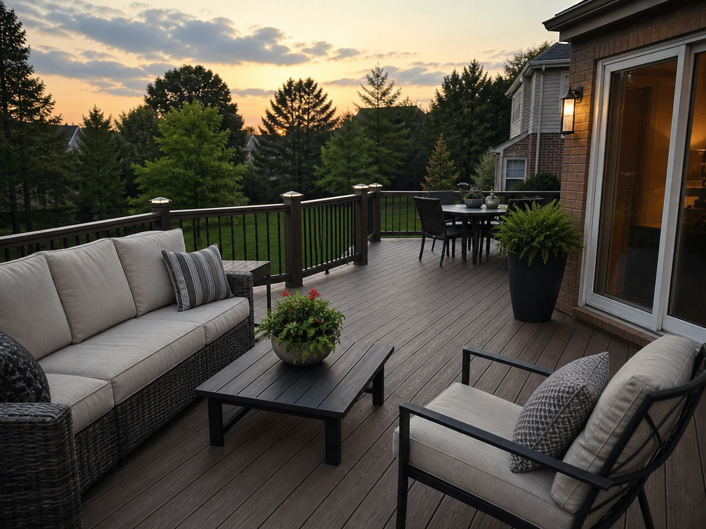 Finished deck seating area with composite boards, railings, furniture, and planters