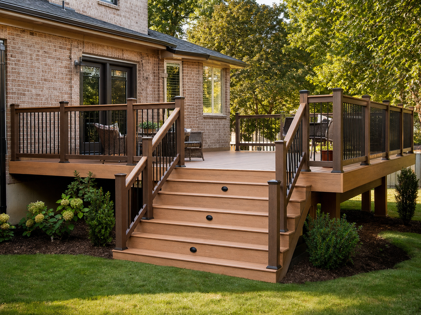 Finished backyard deck with broad stairs and railings on a Midwestern brick home
