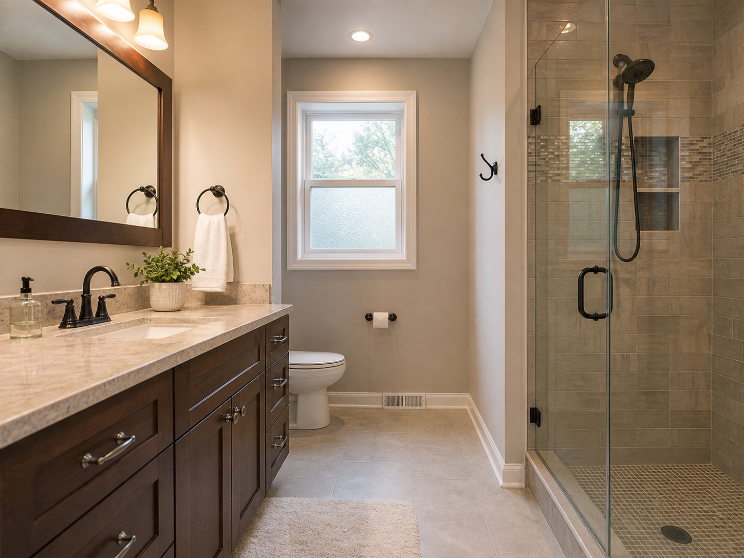 Finished bathroom remodel with vanity, tile shower, glass door, and warm lighting