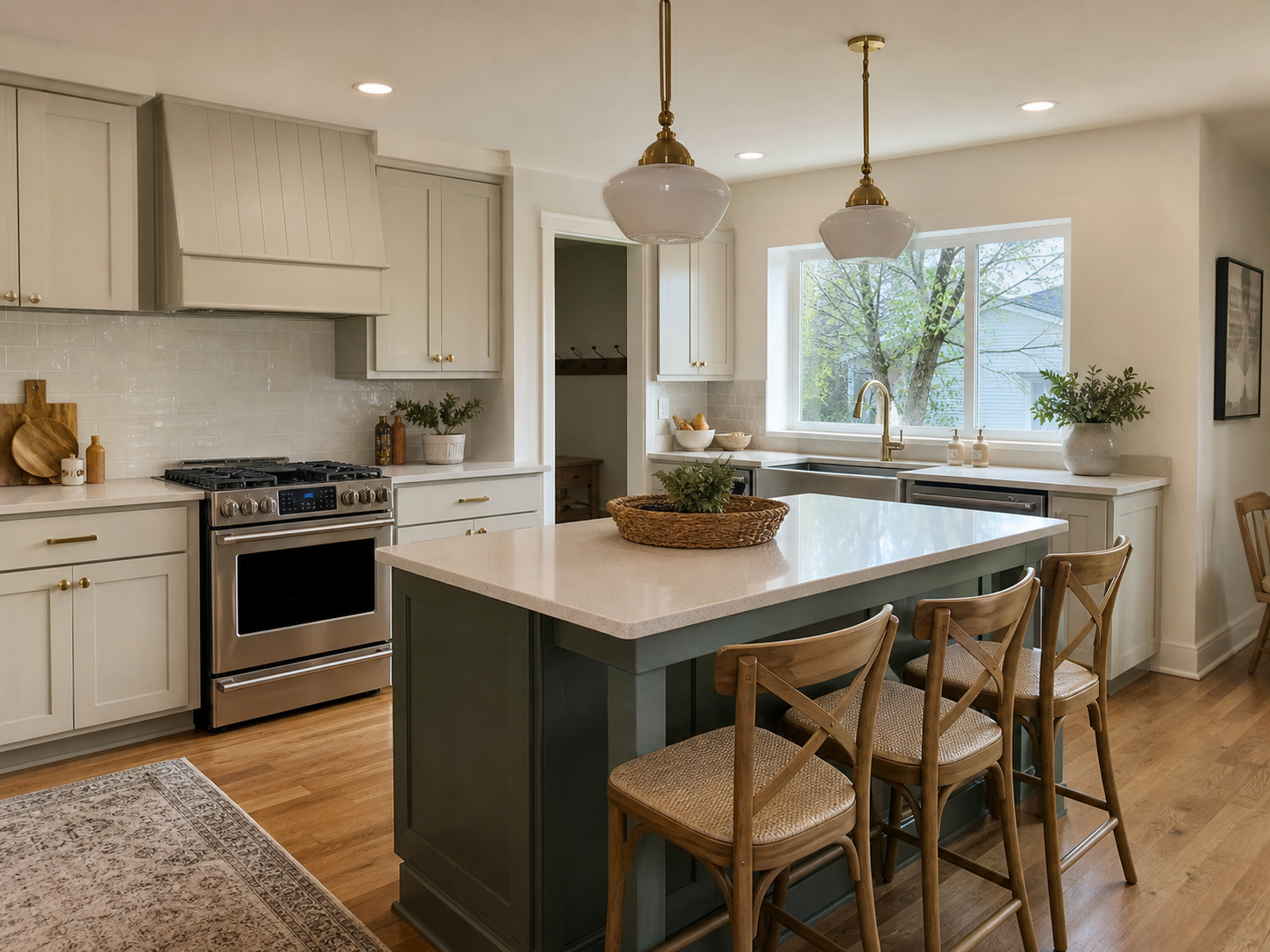 Finished kitchen remodel with island seating, bright cabinetry, and warm wood floors