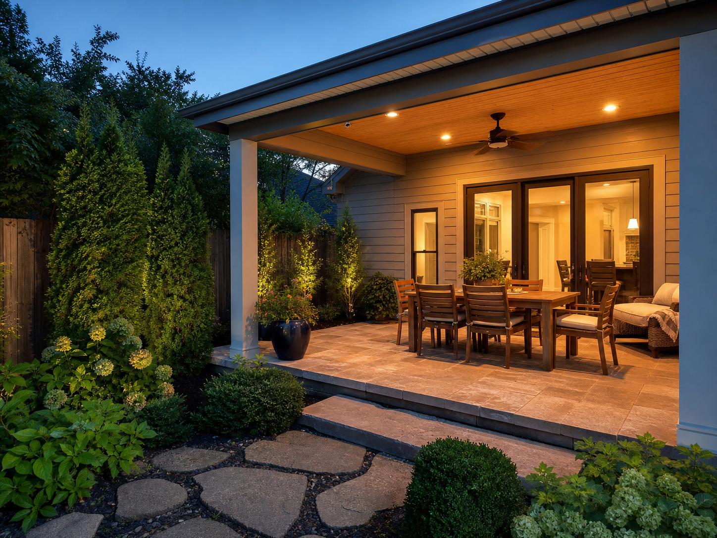 Finished covered patio with dining table, paver transition, landscaping, and warm lighting
