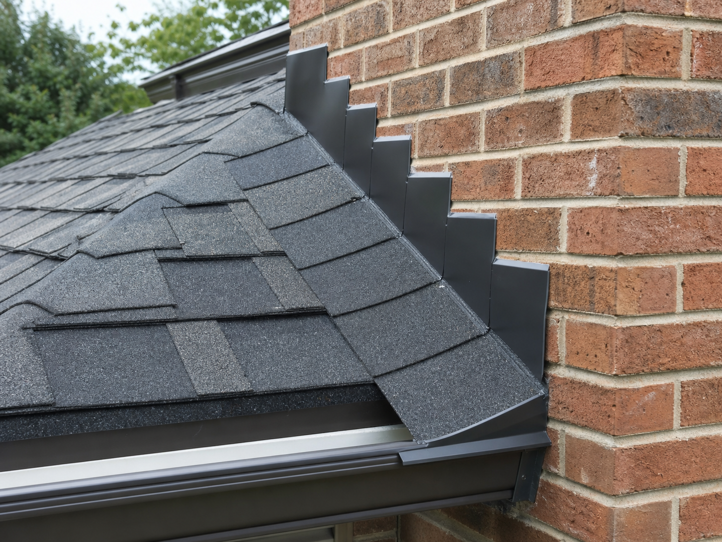 Close detail of asphalt shingles, step flashing, brick wall, drip edge, and gutter