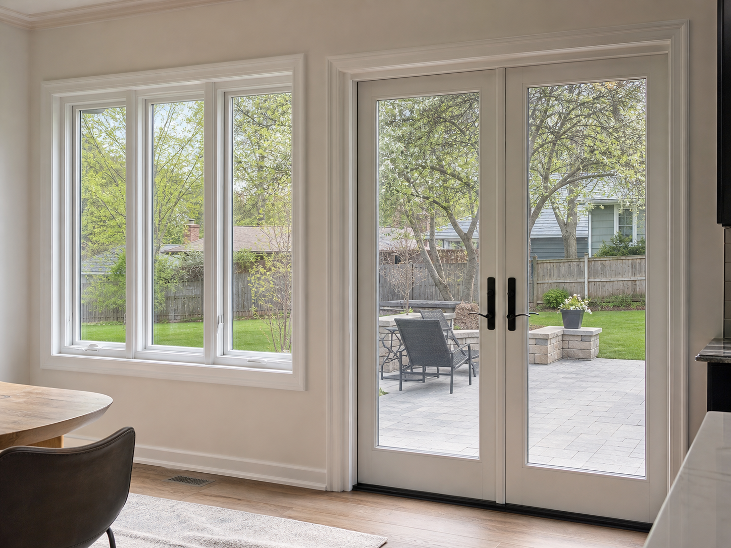 Interior view of replacement patio doors and windows with crisp trim and backyard view