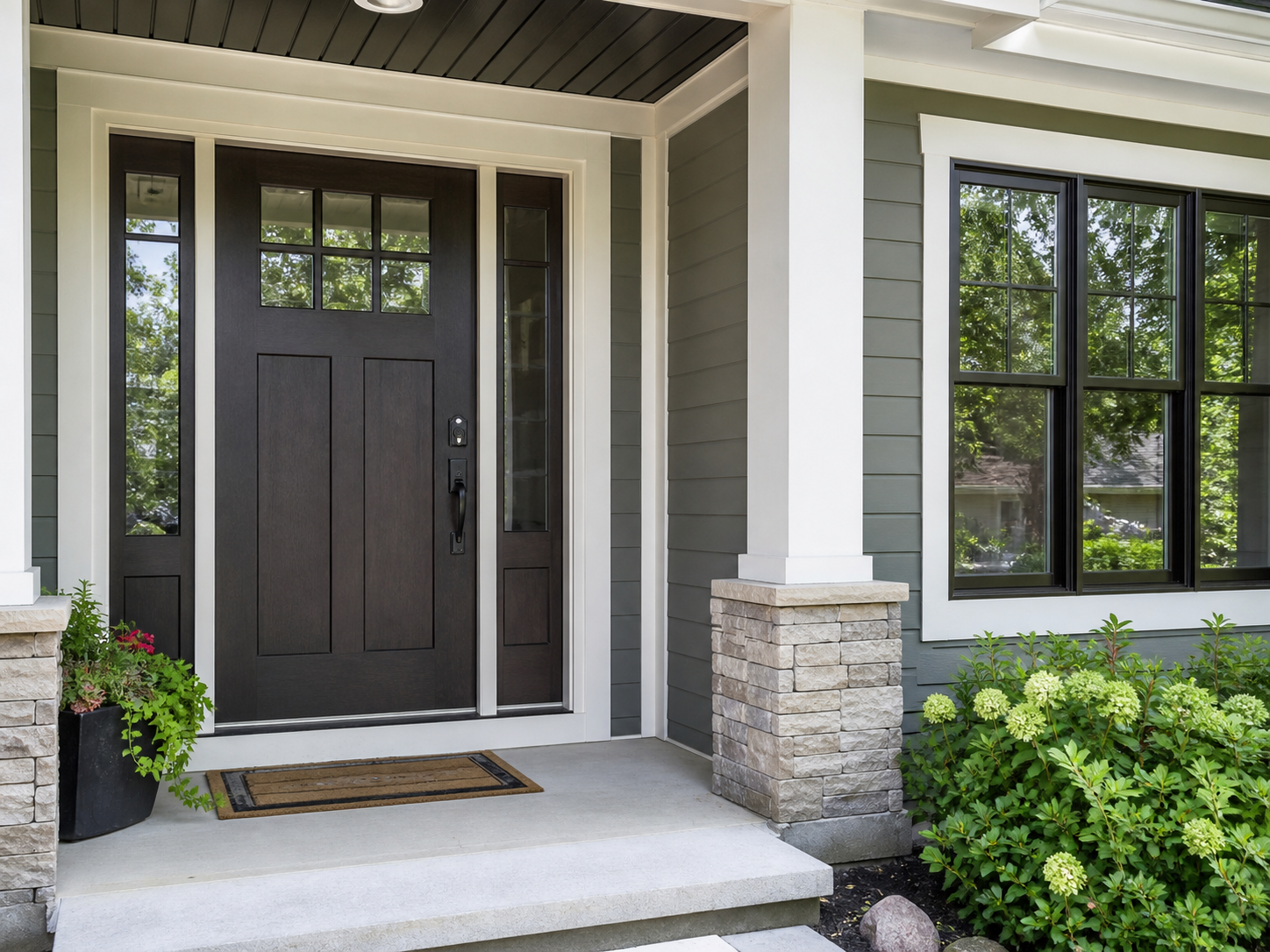 Replacement front entry door and windows with crisp trim and stone porch columns